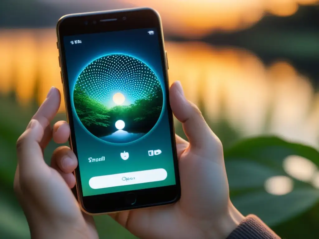 Persona usando una app para meditación profunda en un smartphone, mostrando calma y enfoque