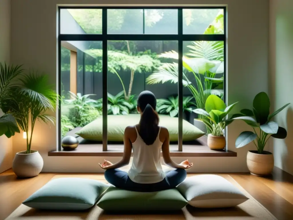 Persona meditando con app de meditación, rodeada de naturaleza y luz suave, evocando paz y tranquilidad con las mejores apps de meditación guiada