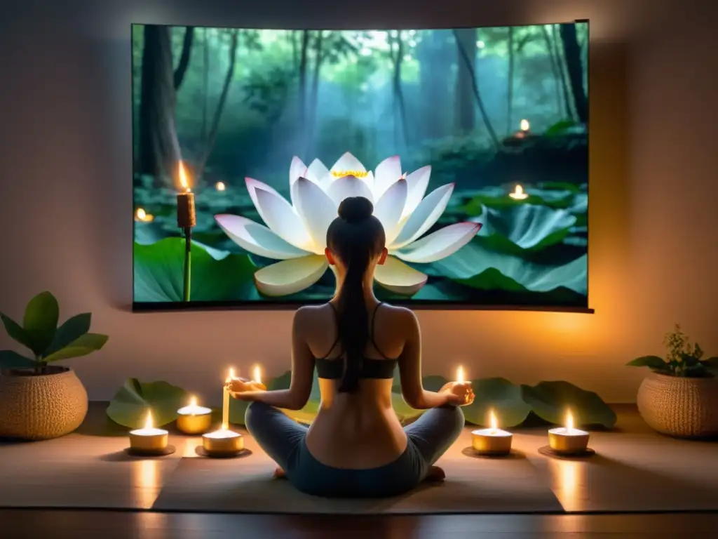 Persona en meditación con app de sonido para rituales, rodeada de velas e incienso en espacio tranquilo y sereno