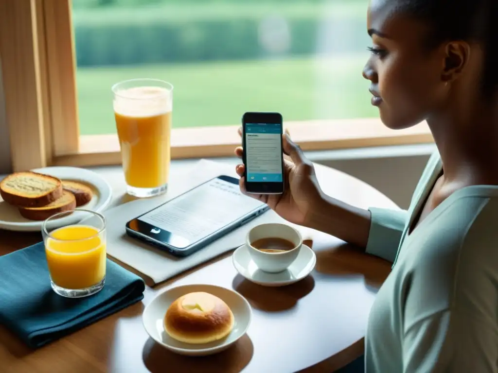 Persona usando apps para transformar rituales diarios en la mesa del desayuno, ambiente cálido con luz matutina