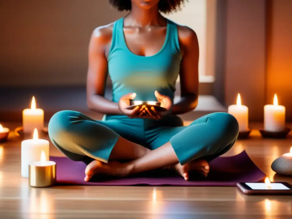 Persona meditando con apps de sonido para rituales, rodeada de velas e incienso en un ambiente sereno y espiritual