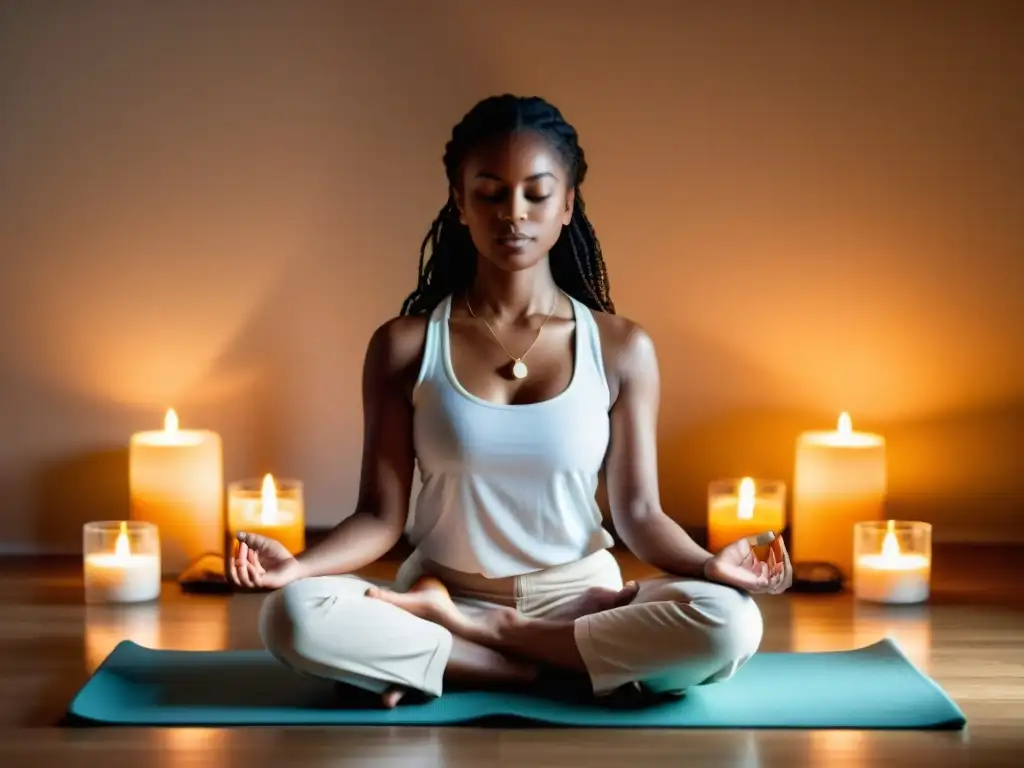 Persona meditando con apps de sonido para rituales en yoga con velas y cristales