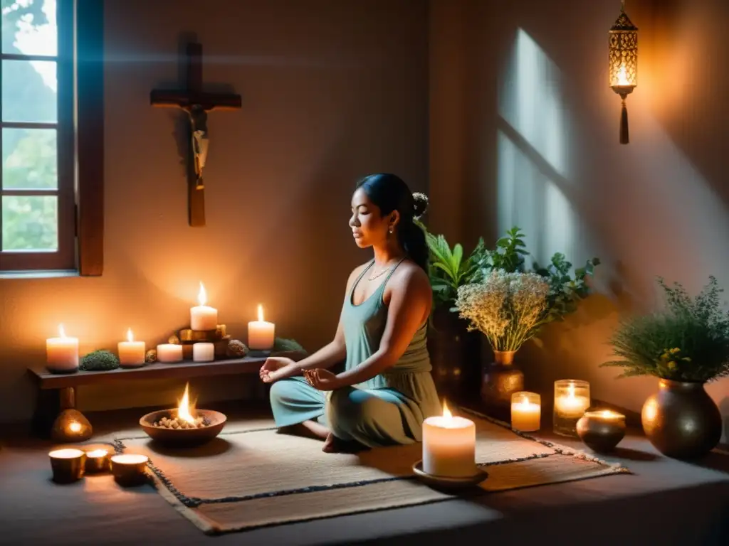 Persona medita arrodillada en un altar con velas, incienso y cristales en una habitación tranquila iluminada por la luz del sol