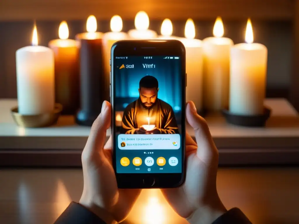 Una persona rezando arrodillada, con la luz cálida de las velas iluminando su rostro mientras sostiene un smartphone con la app de rituales religiosos