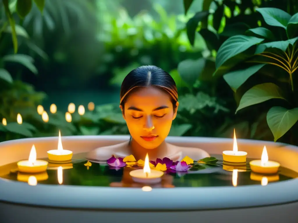 Persona relajándose en un baño ceremonial con velas, pétalos y hierbas aromáticas, rodeado de naturaleza