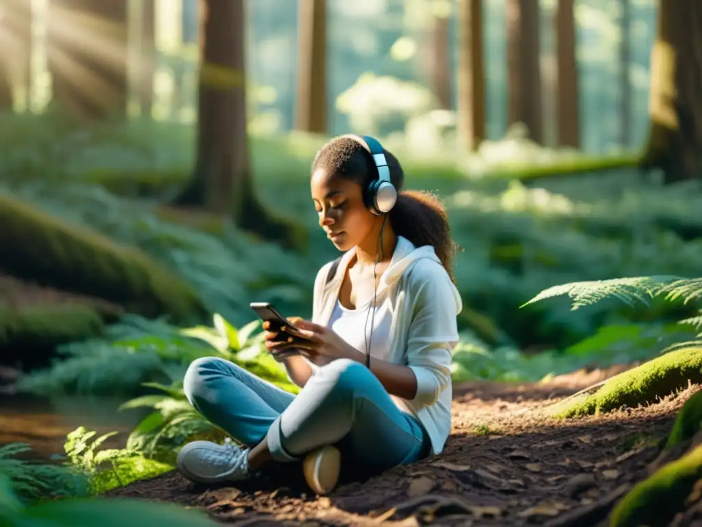 Persona meditando en el bosque con apps de sonido para rituales