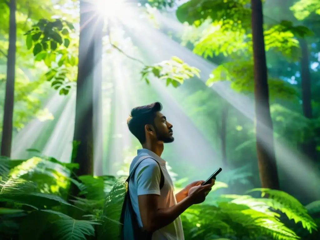 Persona en el bosque, desconectada del teléfono, busca tranquilidad