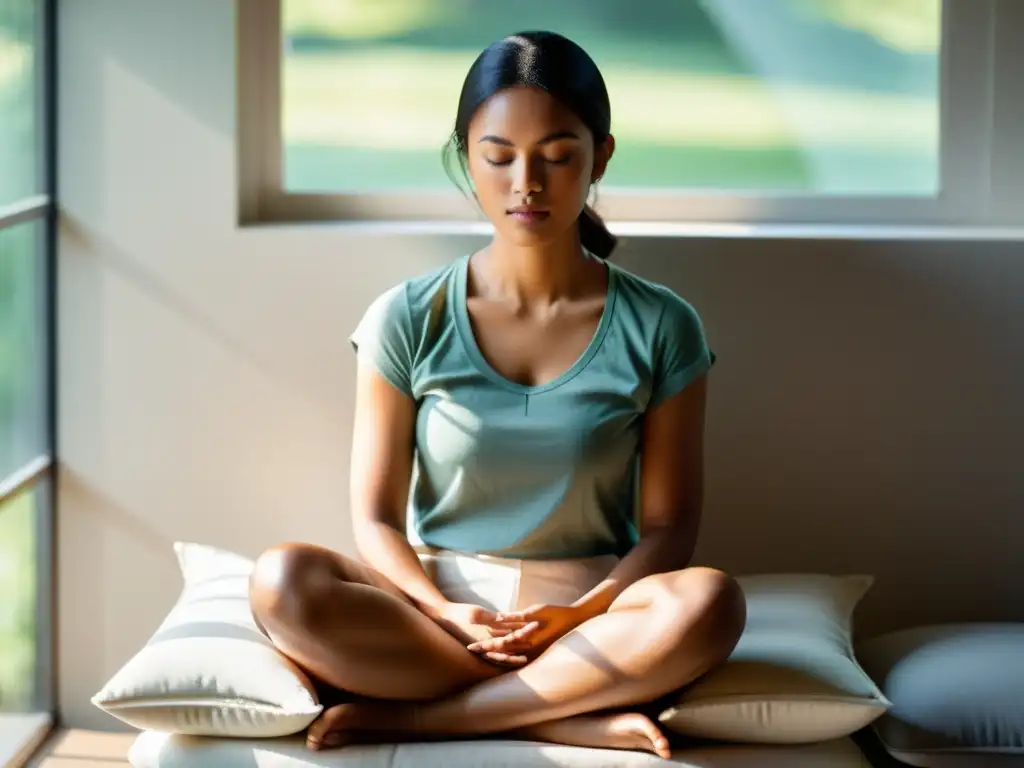 Persona meditando en calma, iluminada por suave luz natural