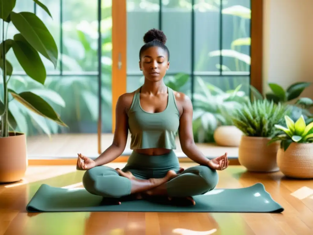 Persona meditando en casa rodeada de plantas y luz natural, integrando tecnología en sus rituales de bienestar para equilibrio