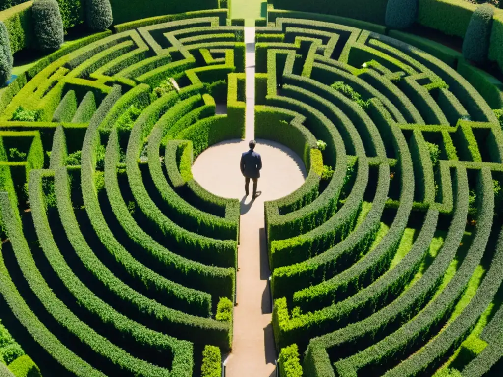 Persona en el centro de un laberinto de altos setos verdes, evocando introspección y búsqueda espiritual