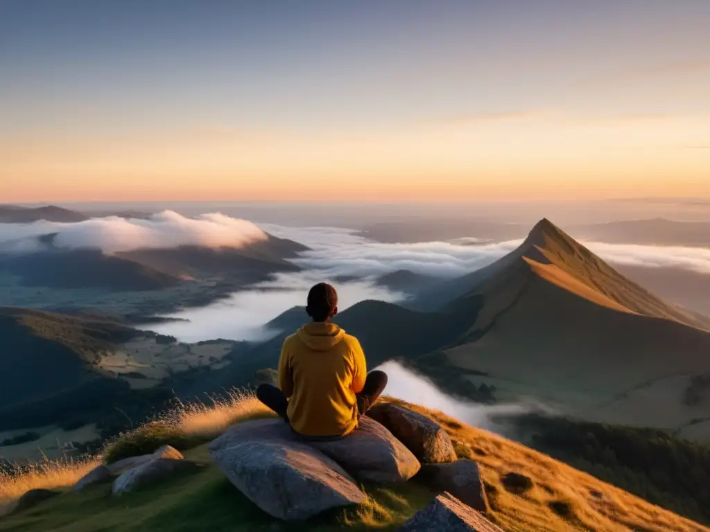 Persona en la cima de la montaña al amanecer, inmersa en rituales de autoayuda y crecimiento personal, disfrutando de serenidad y reflexión