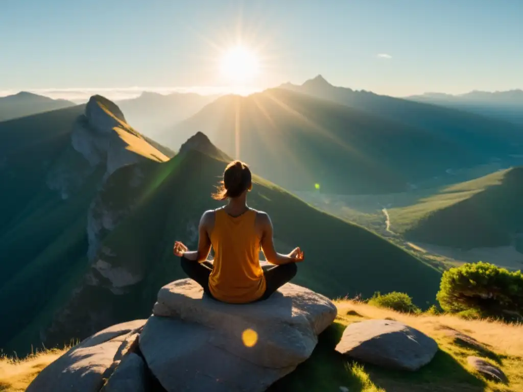 Persona meditando en la cima de una montaña, recibiendo la cálida luz del sol