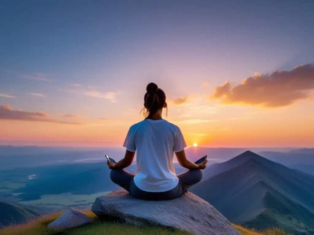 Persona meditando al amanecer en la cima de una montaña, conectada a una app de rituales de autoayuda y crecimiento personal