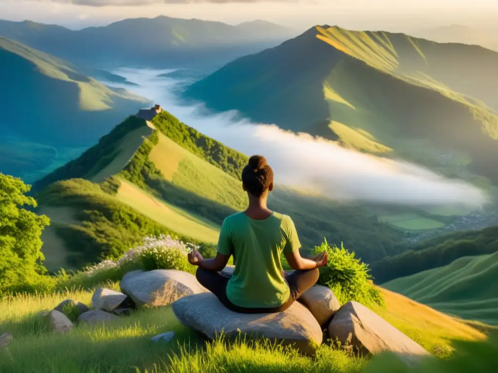 Persona meditando en la cima de una montaña, rodeada de naturaleza serena