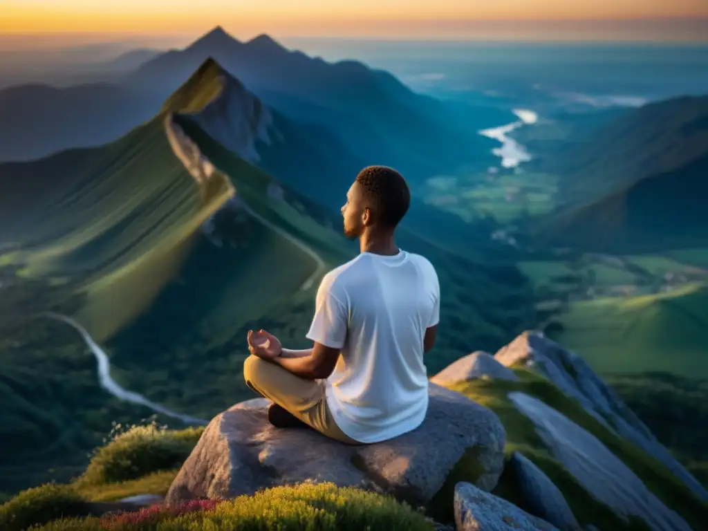 Persona meditando en la cima de una montaña al amanecer, rodeada de naturaleza serena