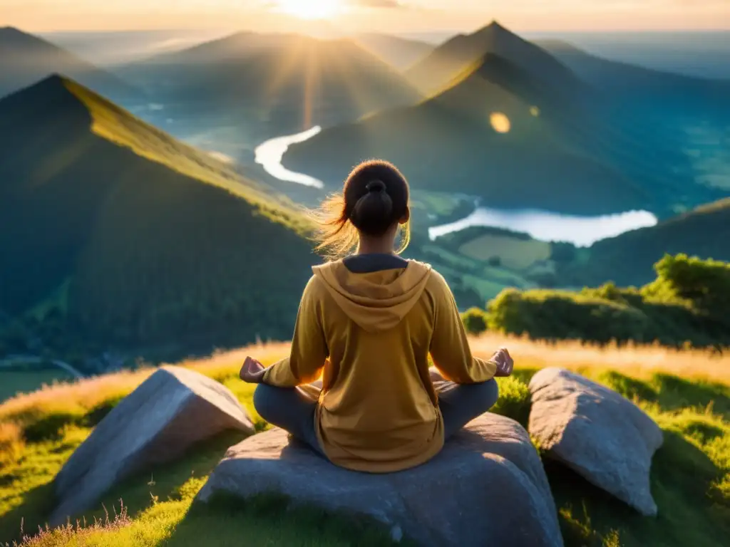 Persona meditando en la cima de una montaña al amanecer, irradiando serenidad y paz interior