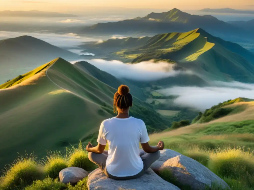 Persona en la cima de la montaña al amanecer, practicando rituales diarios para cultivar gratitud en medio de la neblina y la serenidad del paisaje