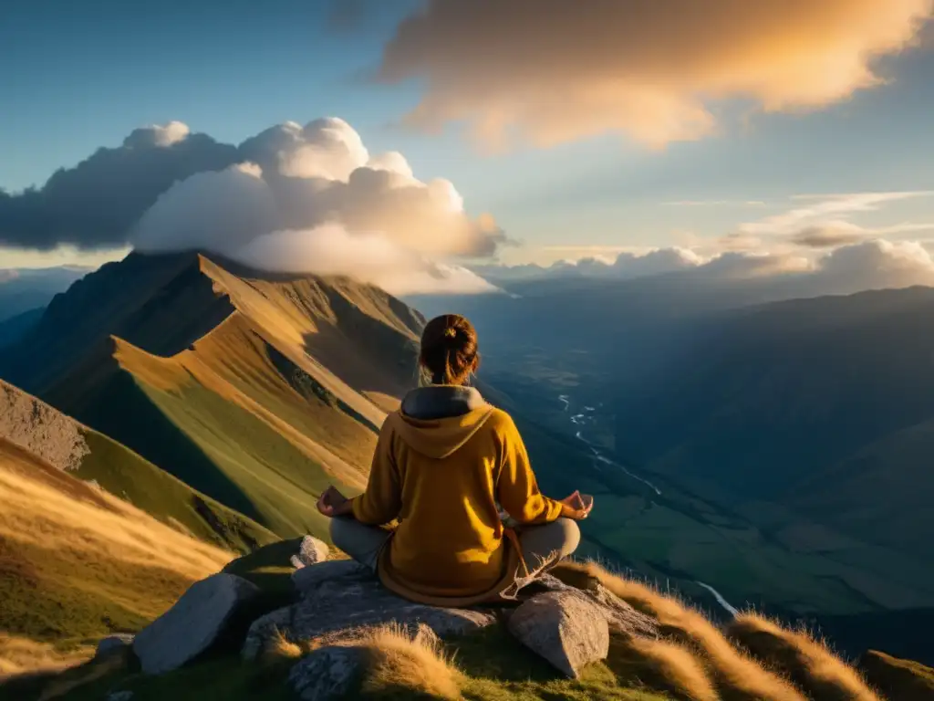 Persona meditando en la cima de la montaña, rodeada de nubes, con el sol brillando