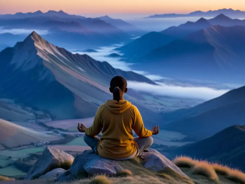 Persona meditando en la cima de la montaña al amanecer, rodeada de paz y serenidad