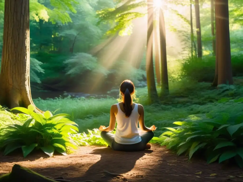 Persona meditando en un claro del bosque, rodeada de árboles altos y arroyos