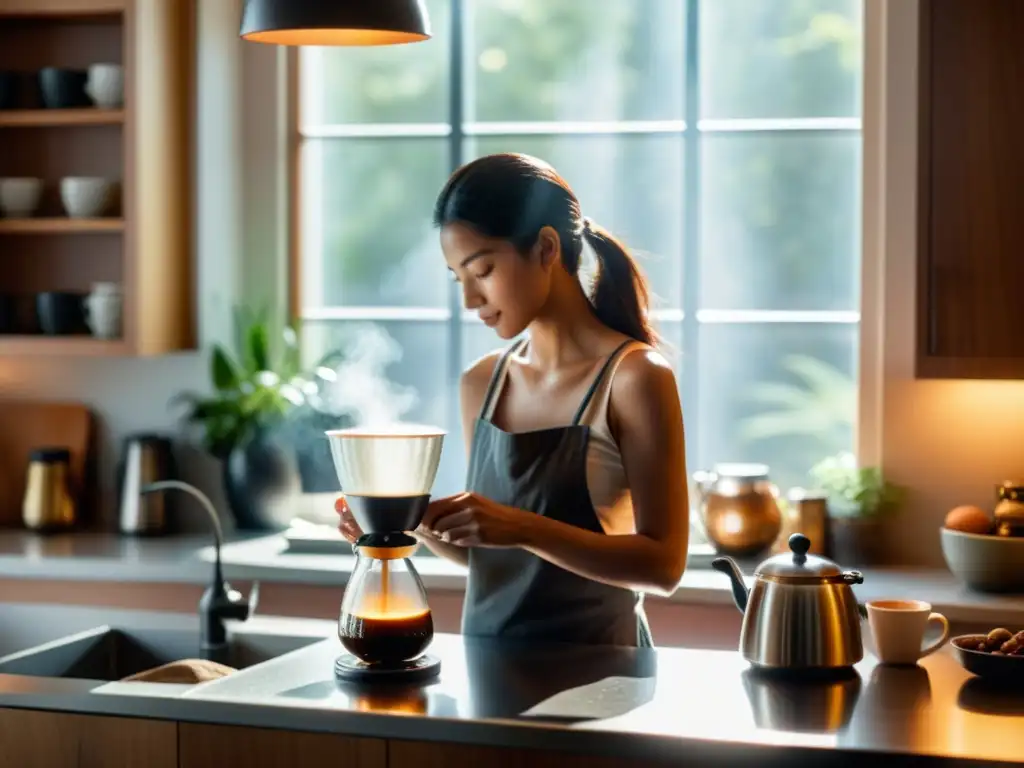 Una persona prepara café en la cocina con una expresión serena