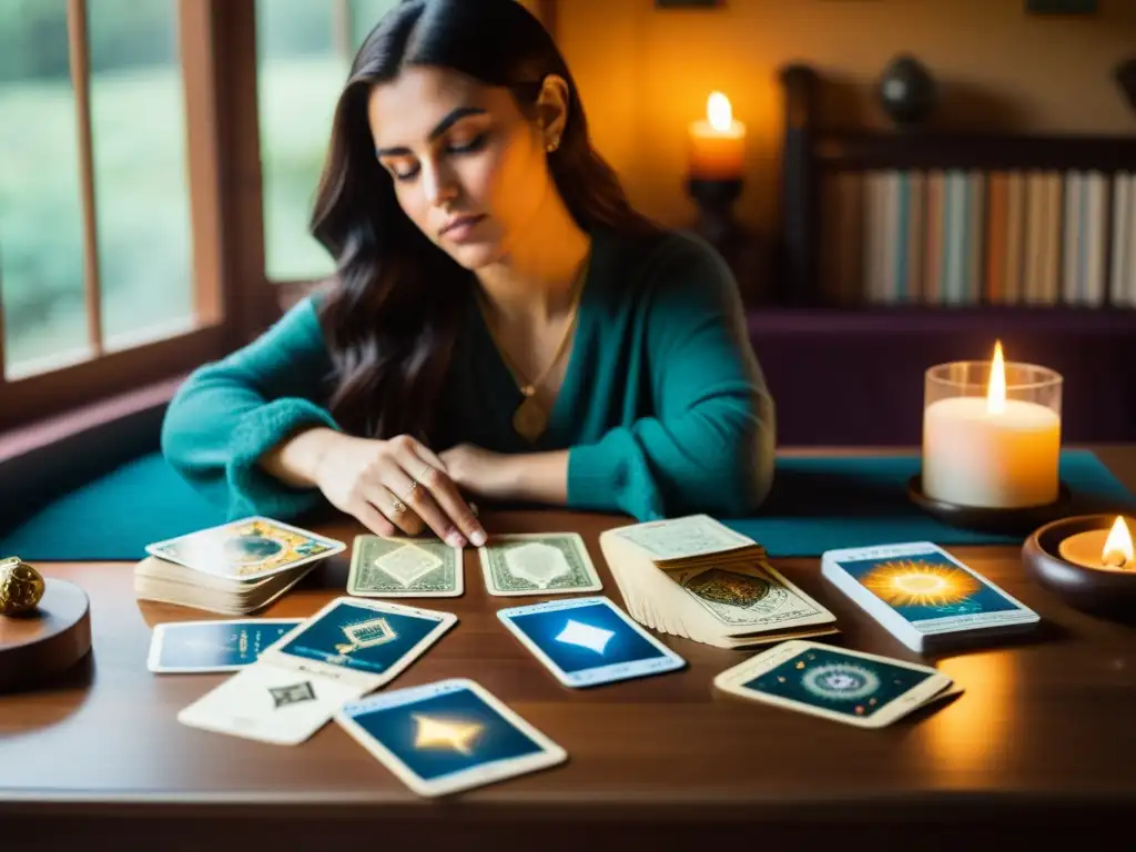 Persona concentrada en mesa bohemia con cartas de tarot