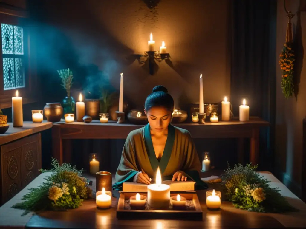 Persona concentrada en ritual con velas, hierbas y cristales