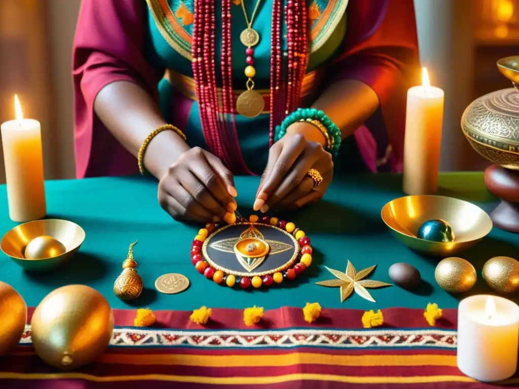 Persona concentrada en rituales para atraer abundancia monetaria, arreglando objetos simbólicos en un altar bellamente adornado