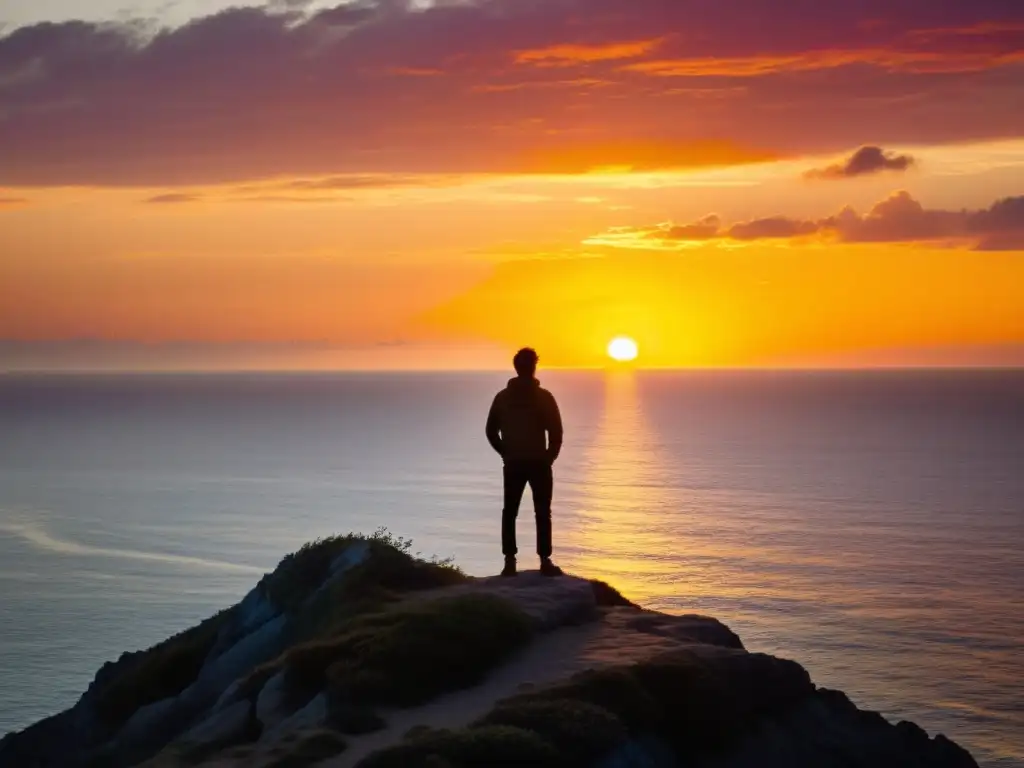 Una persona contemplativa en un acantilado, frente a un mar sereno al atardecer, reflejando prácticas rituales de desapego emocional