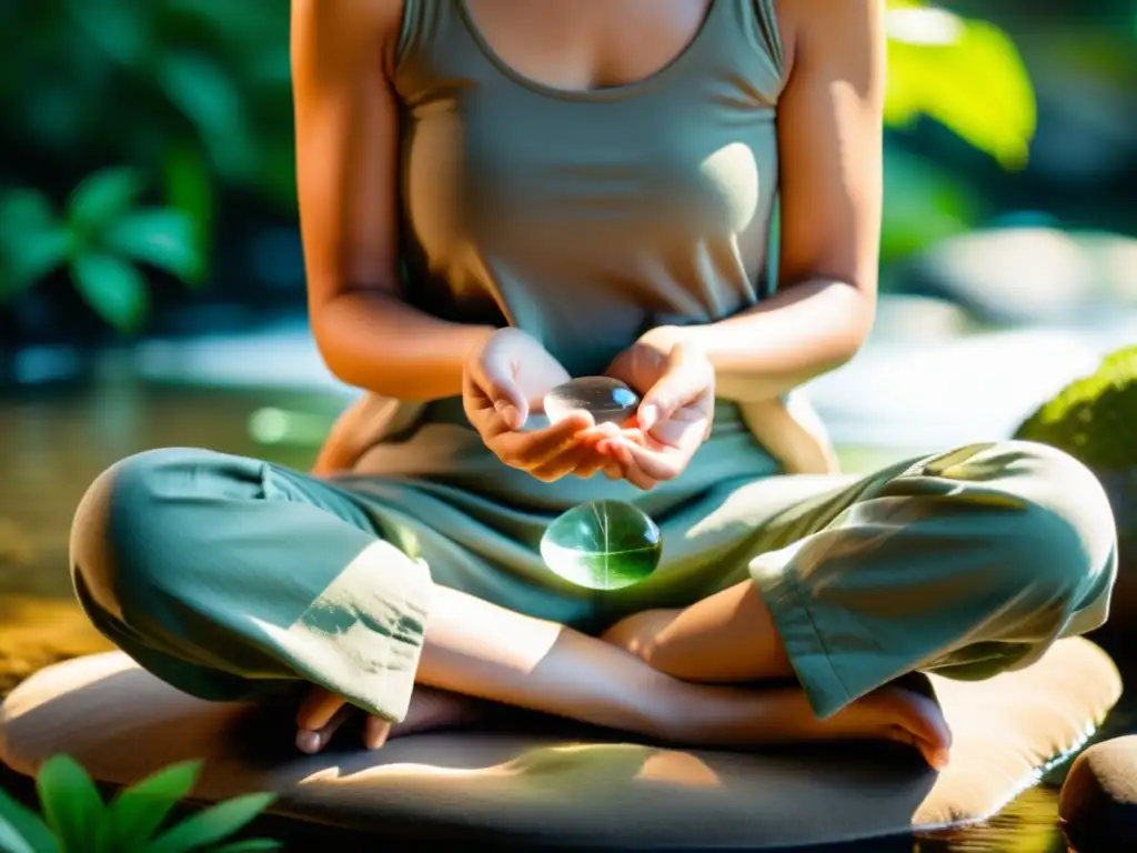 Persona en meditación con cristales, rodeada de naturaleza