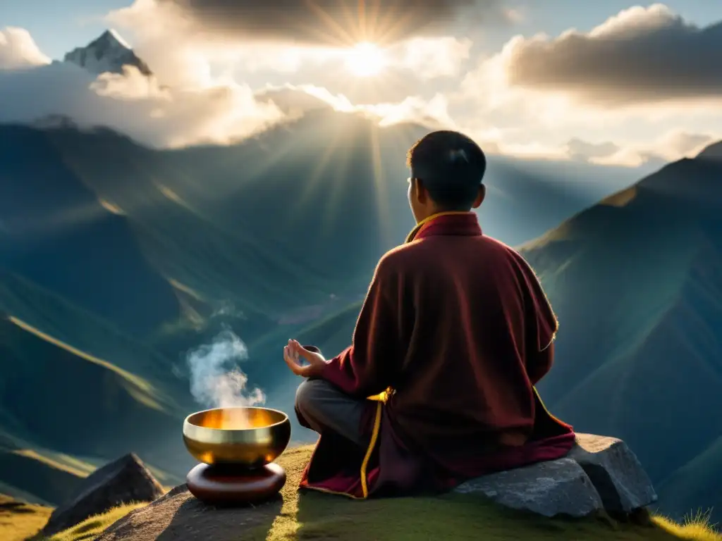 Persona meditando con un cuenco tibetano en la cima de la montaña, rodeada de neblina y paz, evocando beneficios cuencos tibetanos meditación