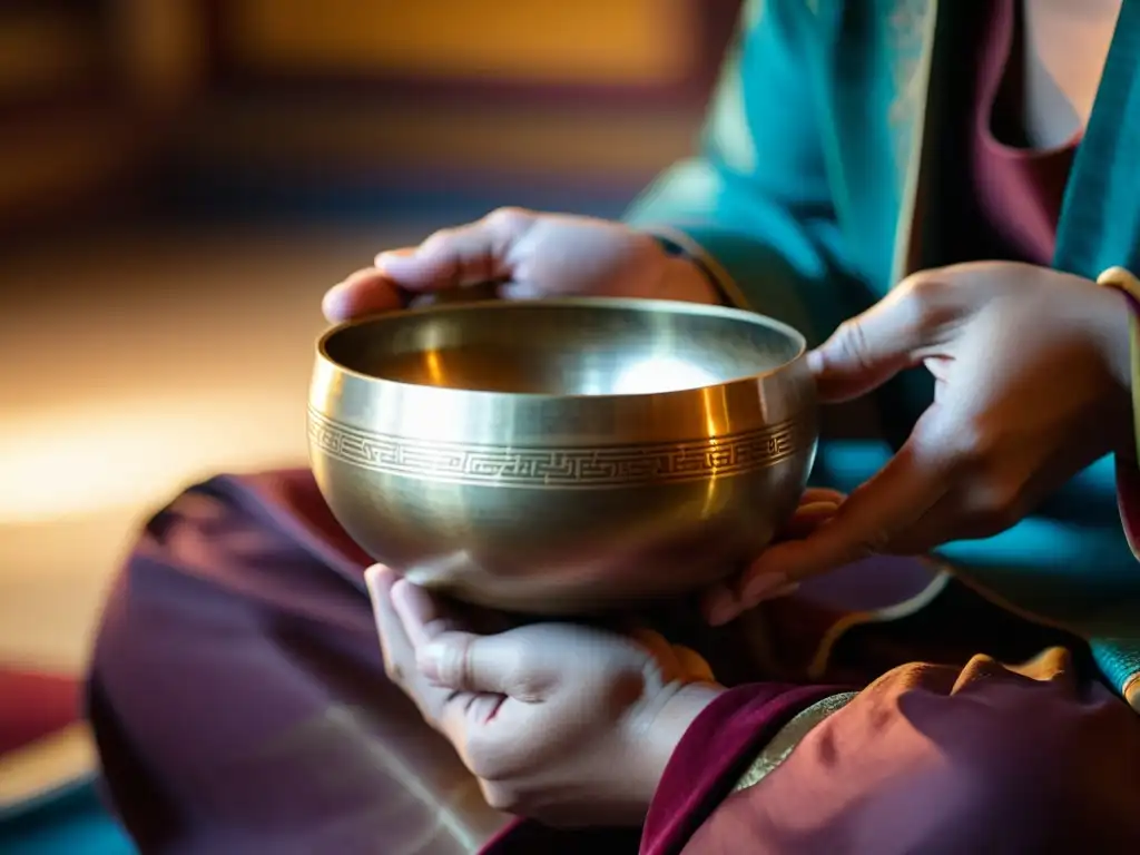 Persona tocando suavemente un cuenco tibetano, creando ondas en el agua, en un ritual meditativo