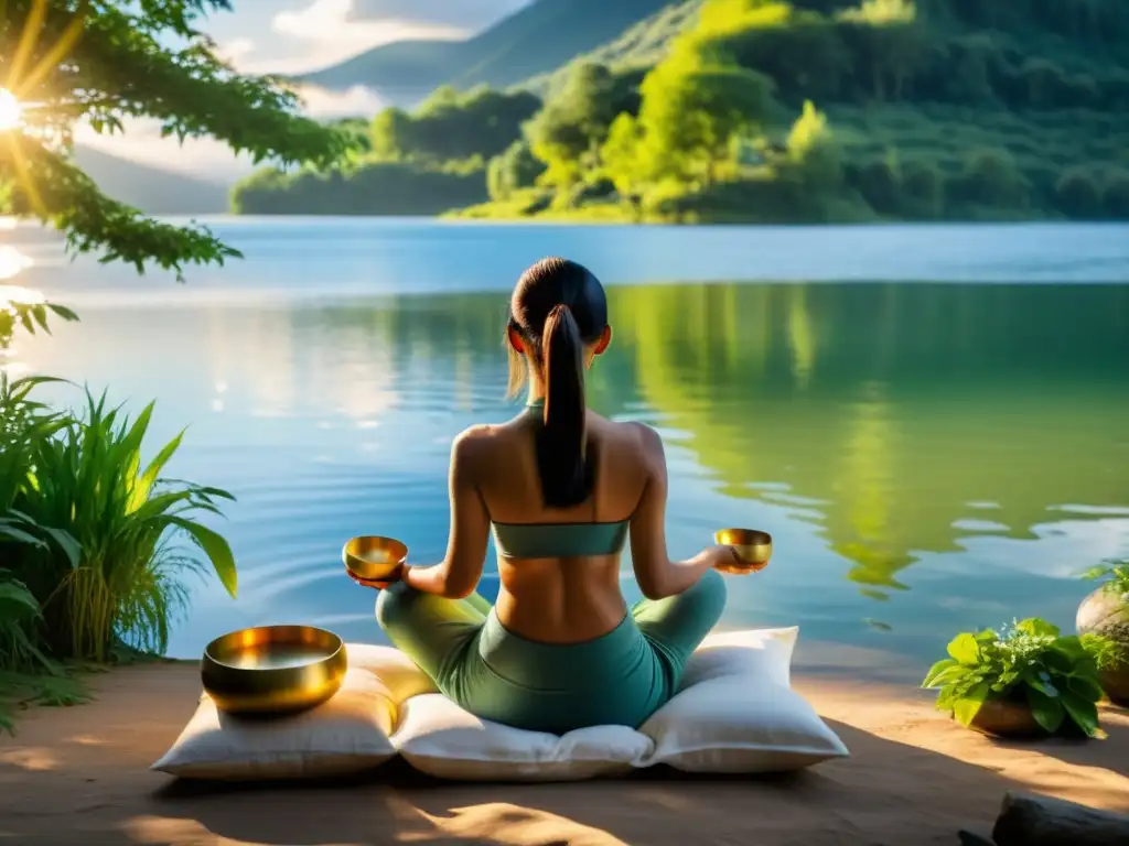 Persona meditando con cuenco tibetano, rodeada de naturaleza serena y un lago tranquilo, transmitiendo beneficios cuencos tibetanos meditación