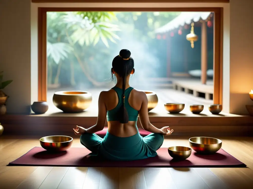 Persona meditando con cuencos tibetanos, creando una atmósfera de tranquilidad y beneficios para la meditación