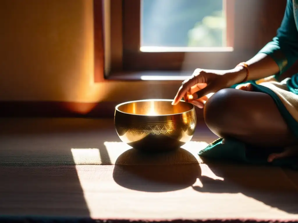 Una persona medita con cuencos tibetanos en una habitación tranquila y soleada, disfrutando de los beneficios de la meditación con cuencos tibetanos