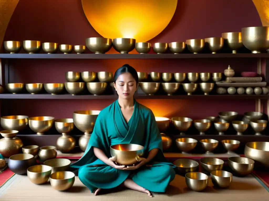 Persona meditando con cuencos tibetanos iluminados, creando un ambiente de paz y serenidad