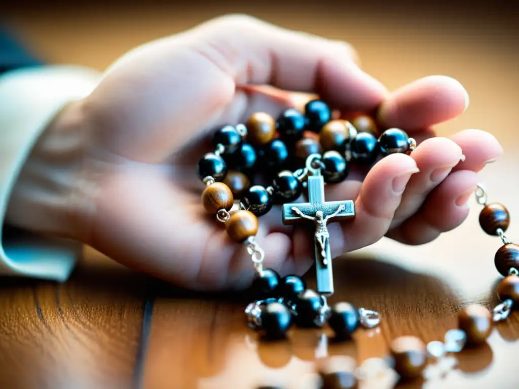 Una persona reza con devoción sosteniendo un rosario de madera, capturando la serenidad y conexión espiritual