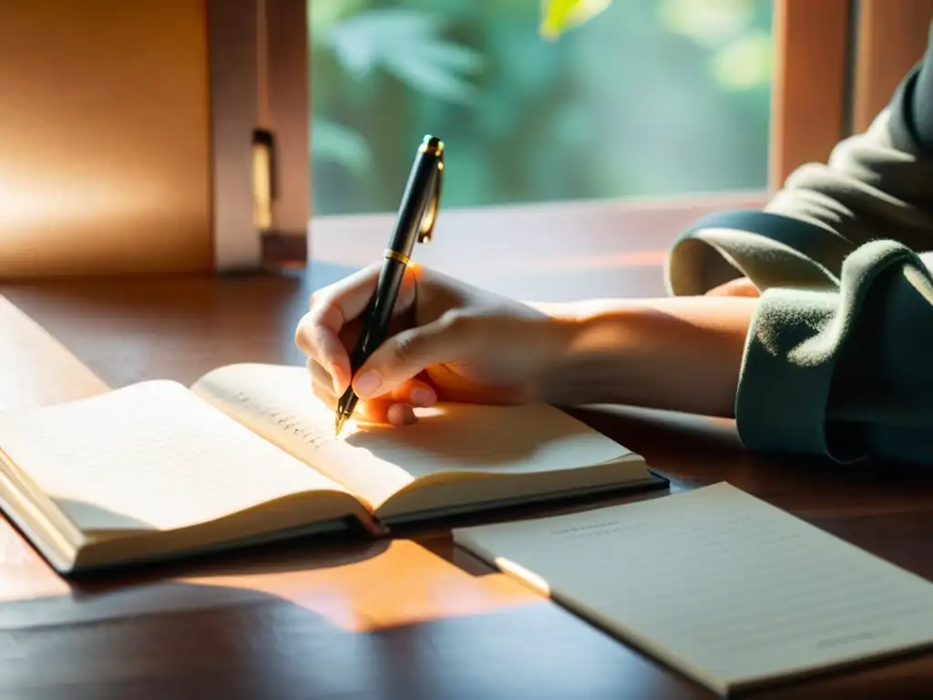 Persona escribiendo en un diario de cuero en un escritorio de madera, con luz solar creando un ambiente tranquilo