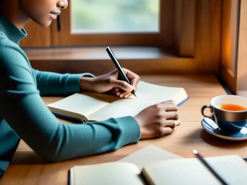 Persona escribiendo en un diario en un escritorio con té, evocando rituales de journaling para introspección en una atmósfera cálida y serena