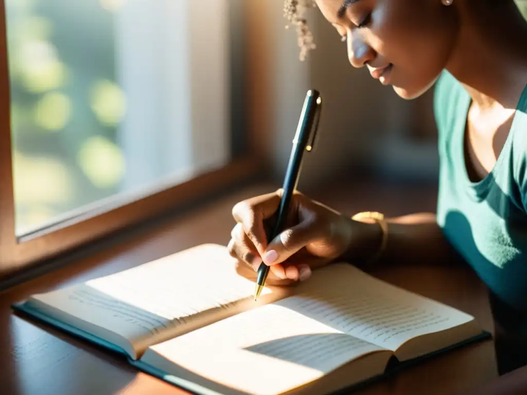 Una persona escribiendo en un diario de gratitud en una habitación tranquila y soleada