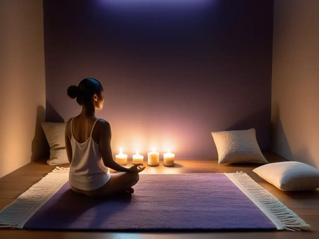 Persona meditando en dormitorio iluminado con velas, promoviendo calidad de descanso con prácticas rituales sueño