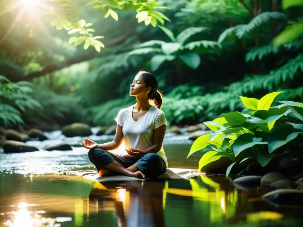 Persona meditando en un entorno natural, rodeada de vegetación exuberante y un arroyo tranquilo, con luz solar filtrándose entre las hojas