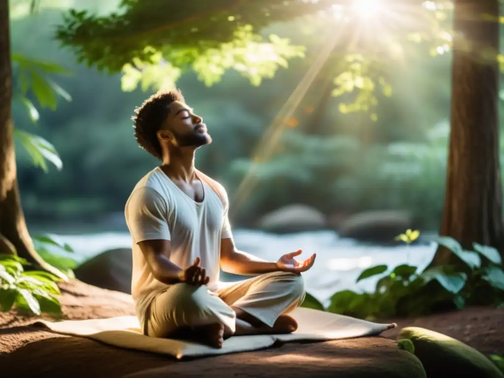 Persona meditando en un entorno natural sereno, con luz suave y paz interior