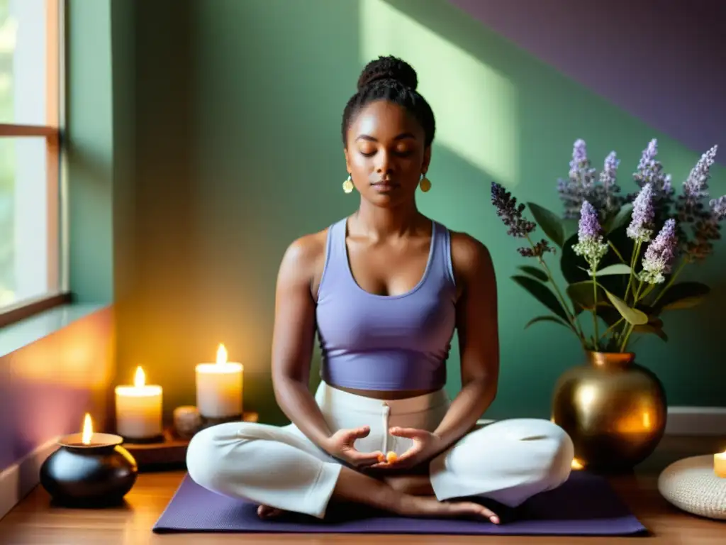 Persona meditando entre esencias de aromaterapia, creando un ambiente calmado y concentrado