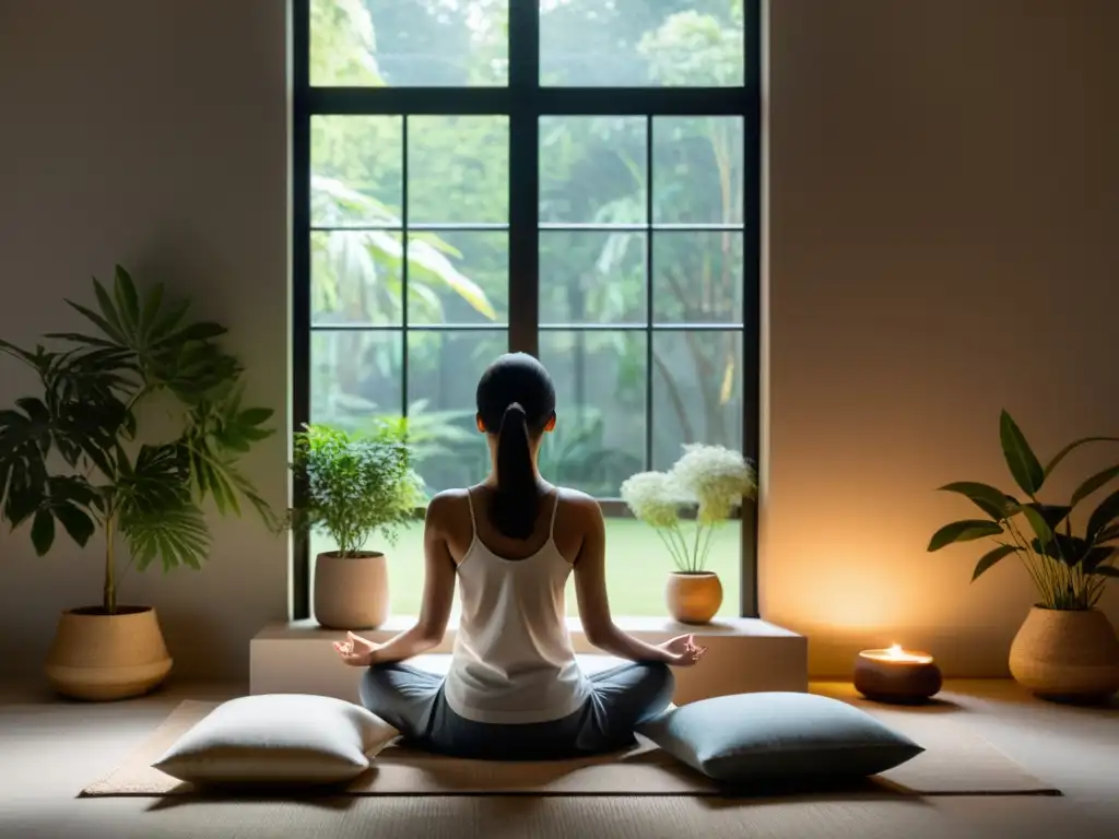 Persona meditando en un espacio minimalista con luz natural y jardín, evocando rituales de introspección en minimalismo