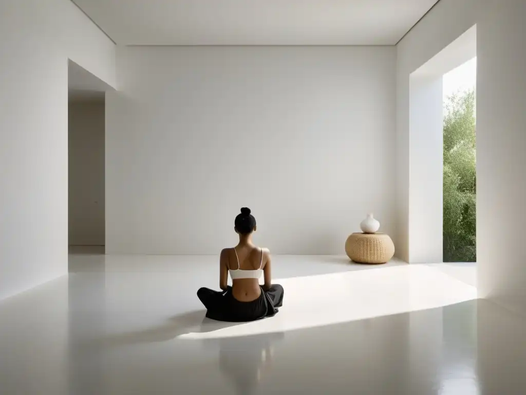 'Persona en meditación en un espacio minimalista, invitando a rituales de introspección en minimalismo'