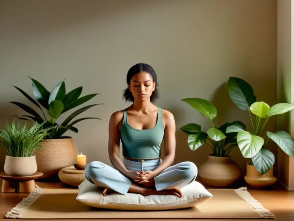 Persona meditando en un espacio sereno con ambiente tranquilo, transmitiendo paz interior