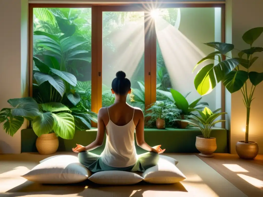 Persona meditando en un espacio sereno, iluminado por la luz solar