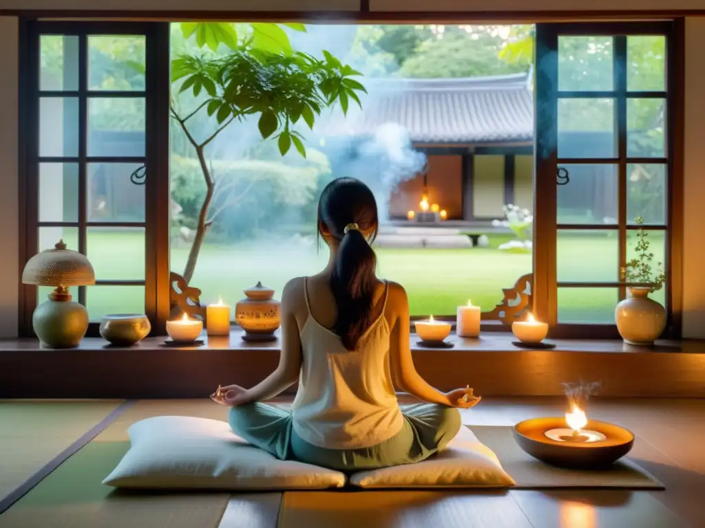 Persona meditando en un espacio sereno con incienso y velas, rodeada de naturaleza