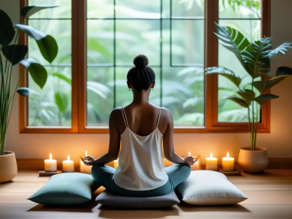 Persona meditando en un espacio sereno, con luz natural y plantas, ideal para los iniciados en las mejores aplicaciones de meditación